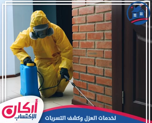 شركة مكافحة حشرات في عجمان 0565009828 رش مبيدات فني يرش محيط الجدار بمعدات حماية لضمان معالجة دقيقة وآمنة للموقع